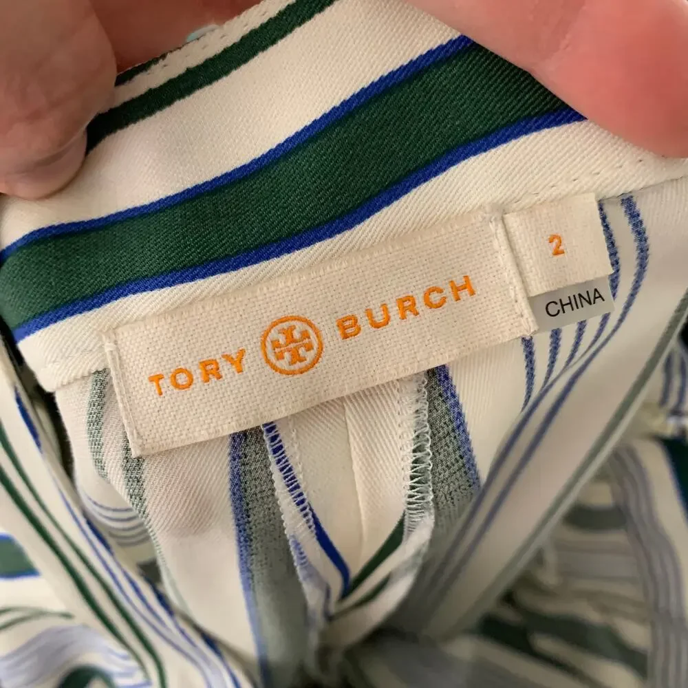 Tory Burch Cotton Green Grand Awning Stripe Pants Women's Size 2